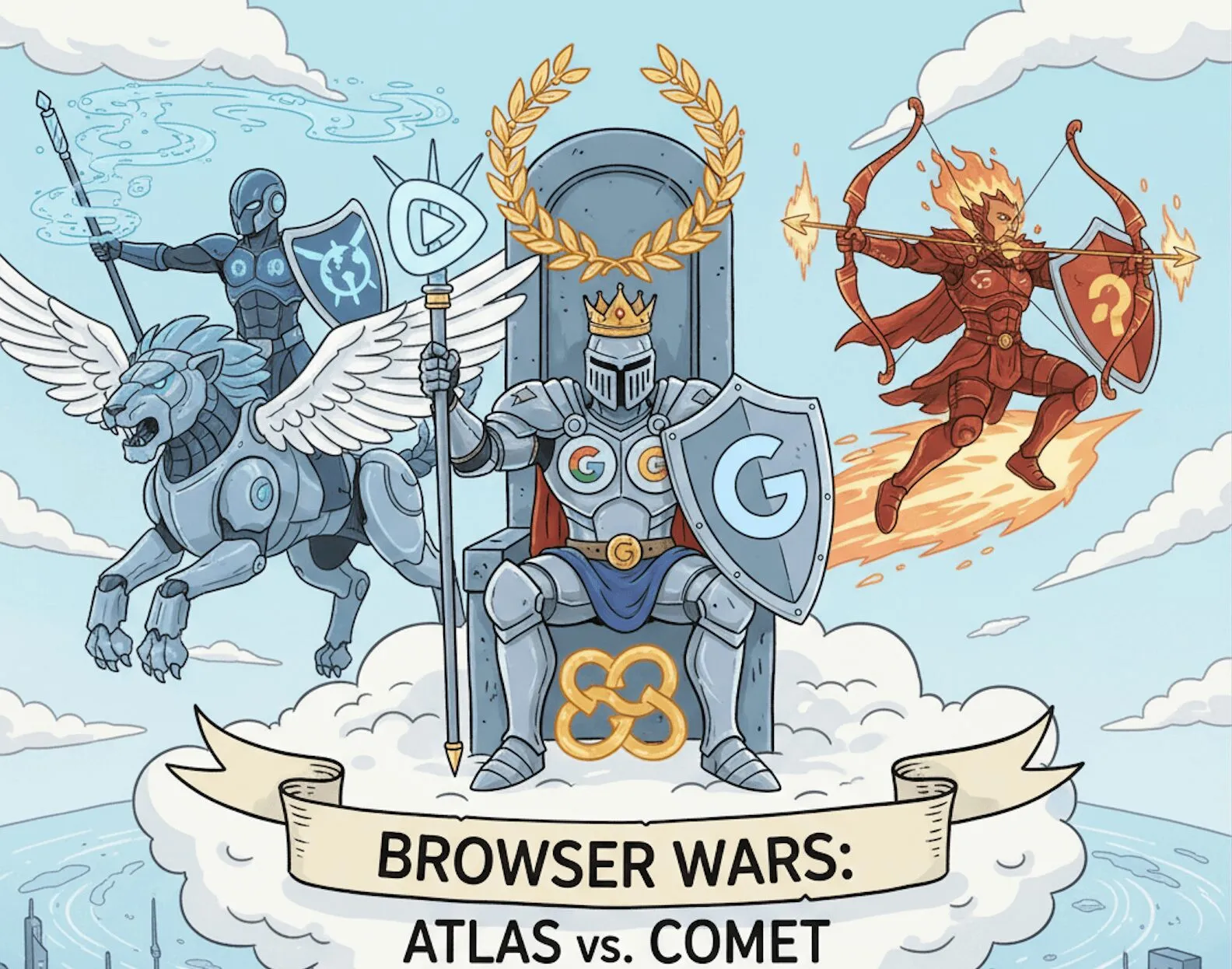 Tahtta Google şövalyesi, iki yanında savaşçılar ve Browser Wars: Atlas vs. Comet yazılı çizim