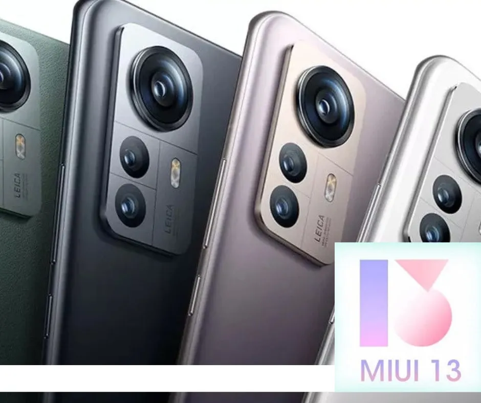 Farklı renklerde Leica kameralı Xiaomi telefonlar ve köşede MIUI 13 logosu