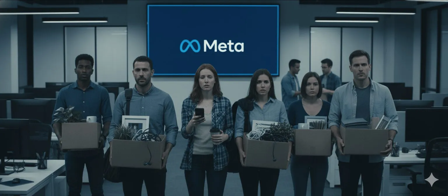 Meta logolu ekranın önünde ellerinde eşya kutularıyla duran çalışanlar
